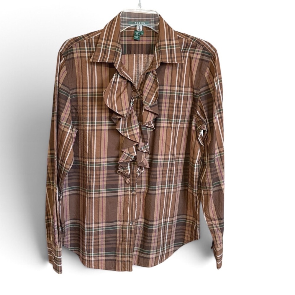 Lauren Ralph Lauren Plaid Ruffle Shirt Womens XL Brown Victorian Dark Academia